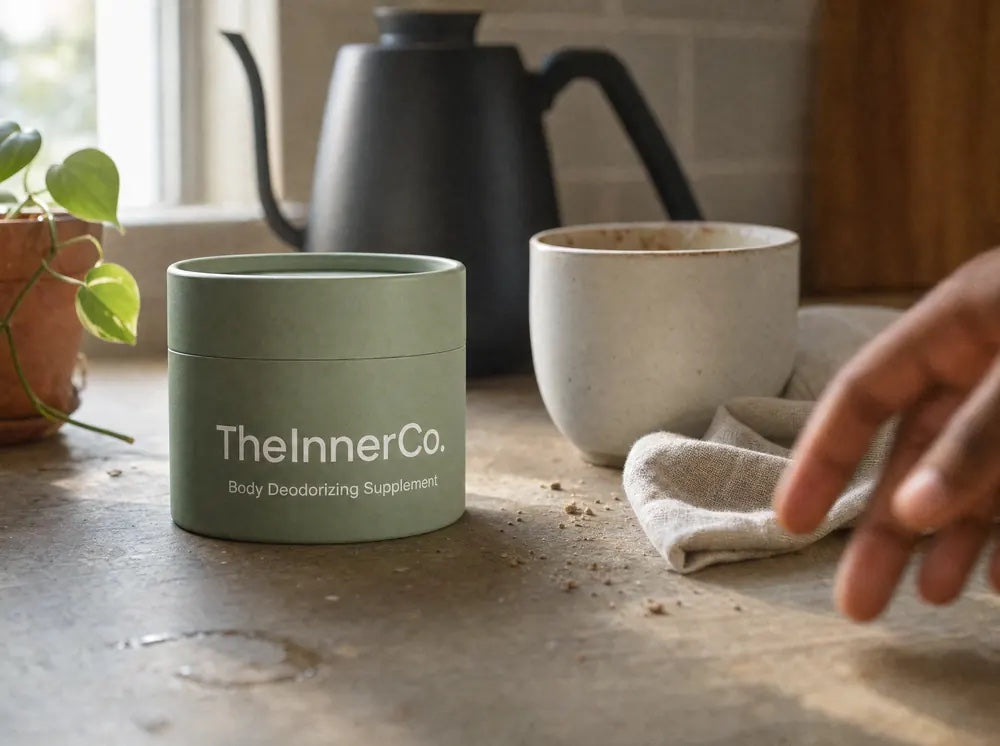 The tube on a kitchen counter beside a kettle and a mug in morning light.