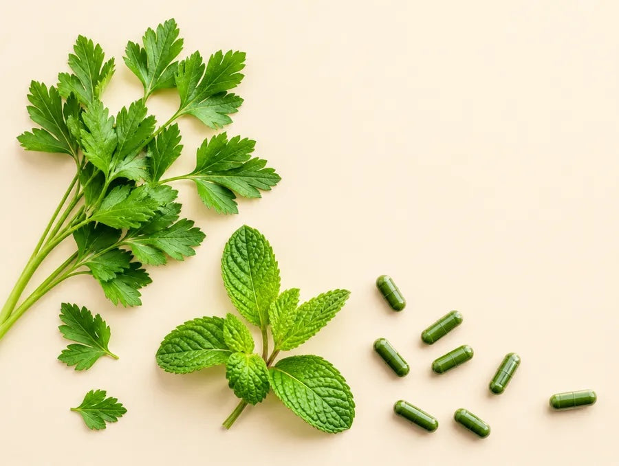Fresh parsley, peppermint and green capsules, the three plant actives.