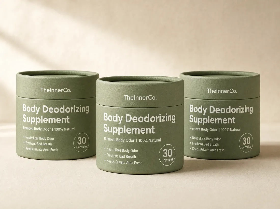 Three matte sage green tubes of TheInnerCo. Body Deodorizing Supplement, the ninety day box.