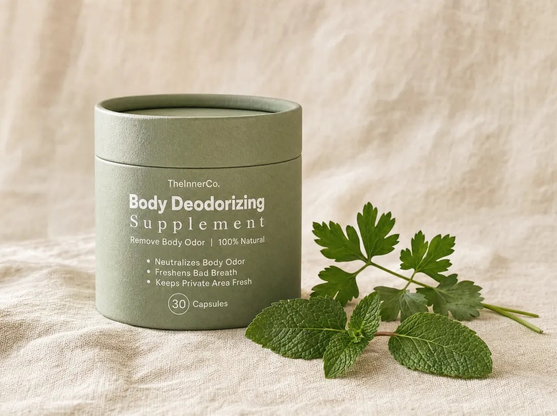 TheInnerCo. Body Deodorizing Supplement tube on a cream surface.